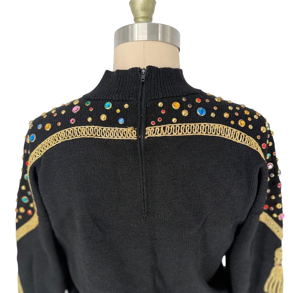 Vintage 80s Antonella Preve NY Gold Tassel + Studs + Rhinestone Sweater Medium - Picture 9 of 16